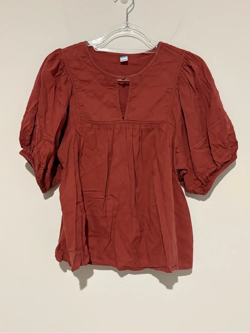 Old navy puff sleeve split neck quilted swing blouse rust orange size large‎